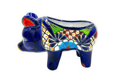 Mexican Talavera Piggy Planter Pot Hand Painted - Dark Blue Trim